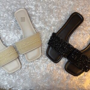 Shein Set/2 NEW Embellished Slip On Flat Sandals Rhinestone Pearl Slides 9-9.5